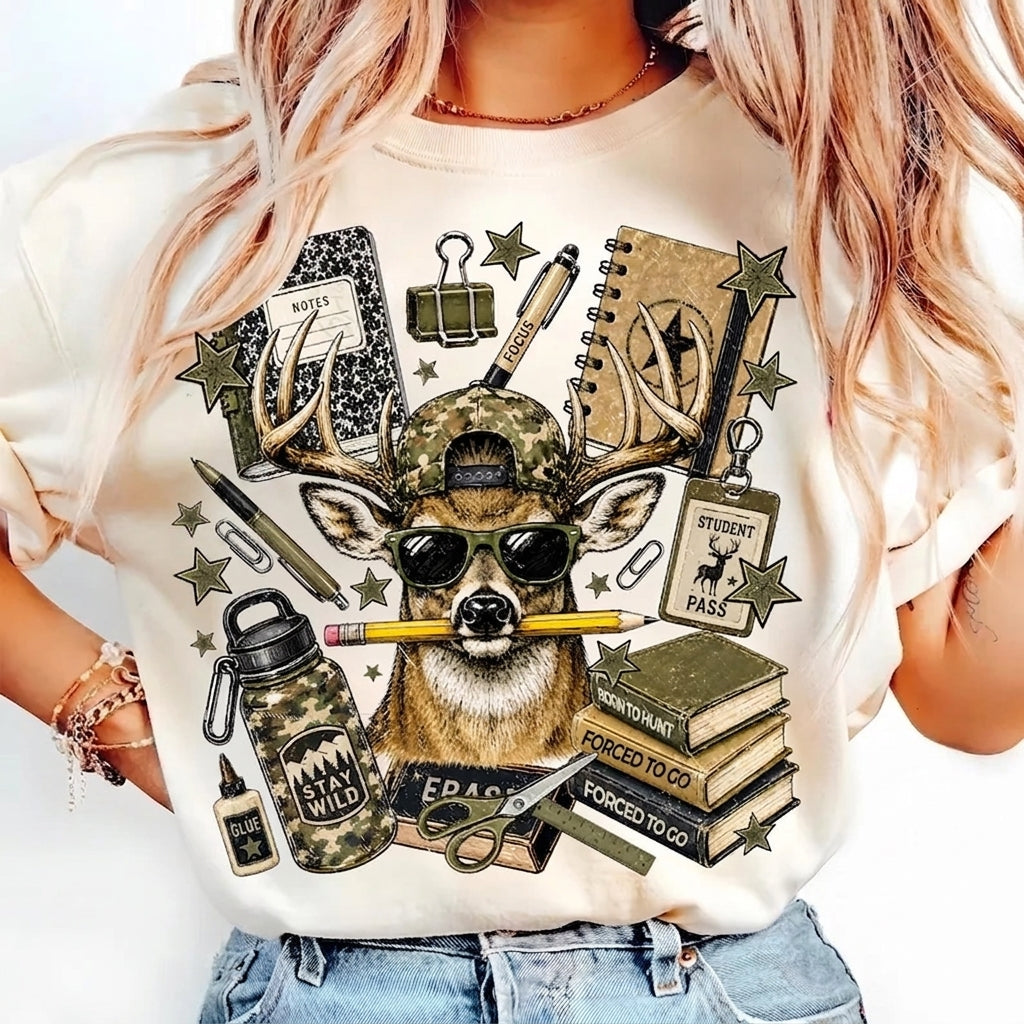Funny Deer Back to School Shirt, Camo Deer Graphic Tee, First Day of School Shirt, Teacher & Student Gift, Cute School Outfit