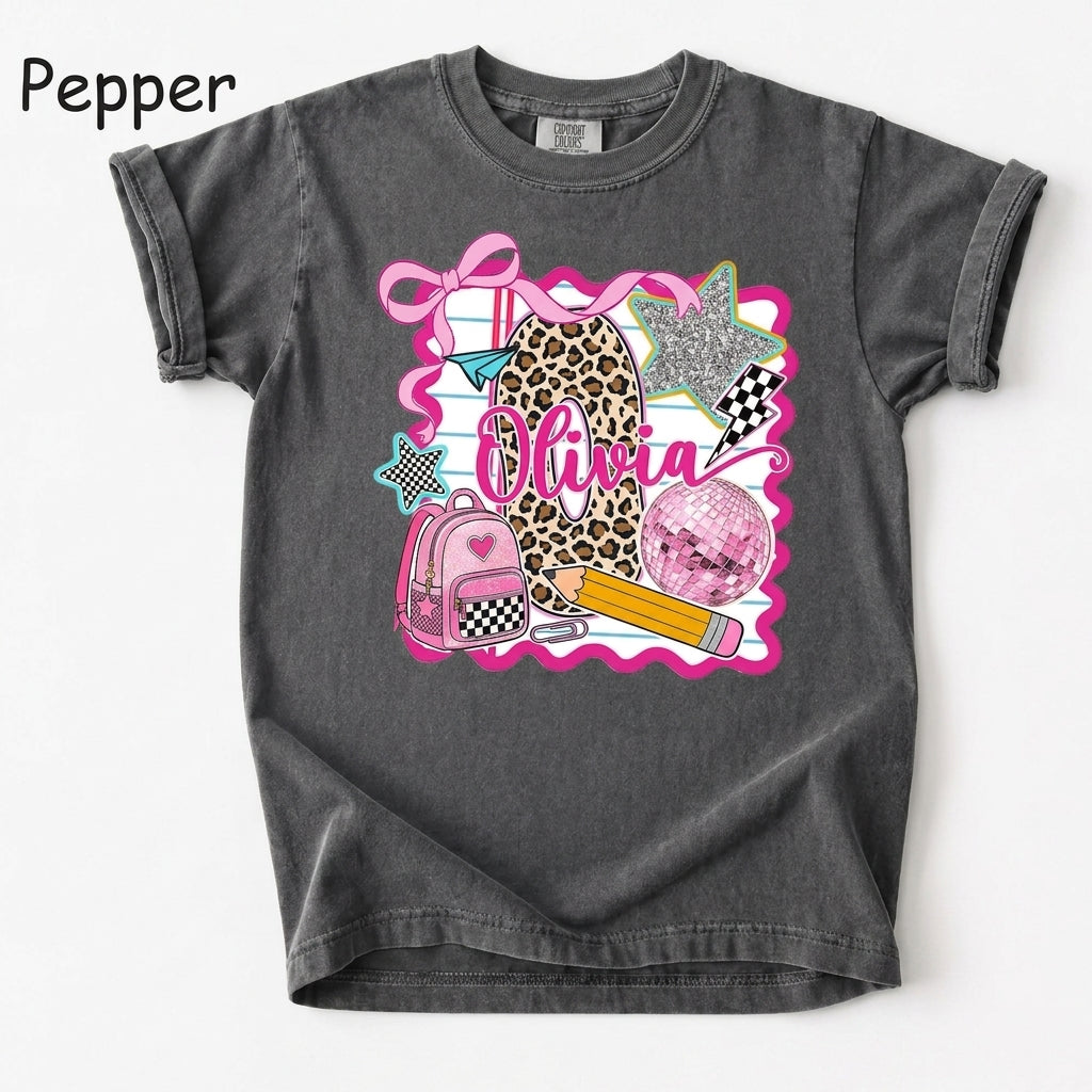 Personalized Olivia Back to School Shirt – Pink Coquette Leopard Pencil Graphic T-Shirt for Kid