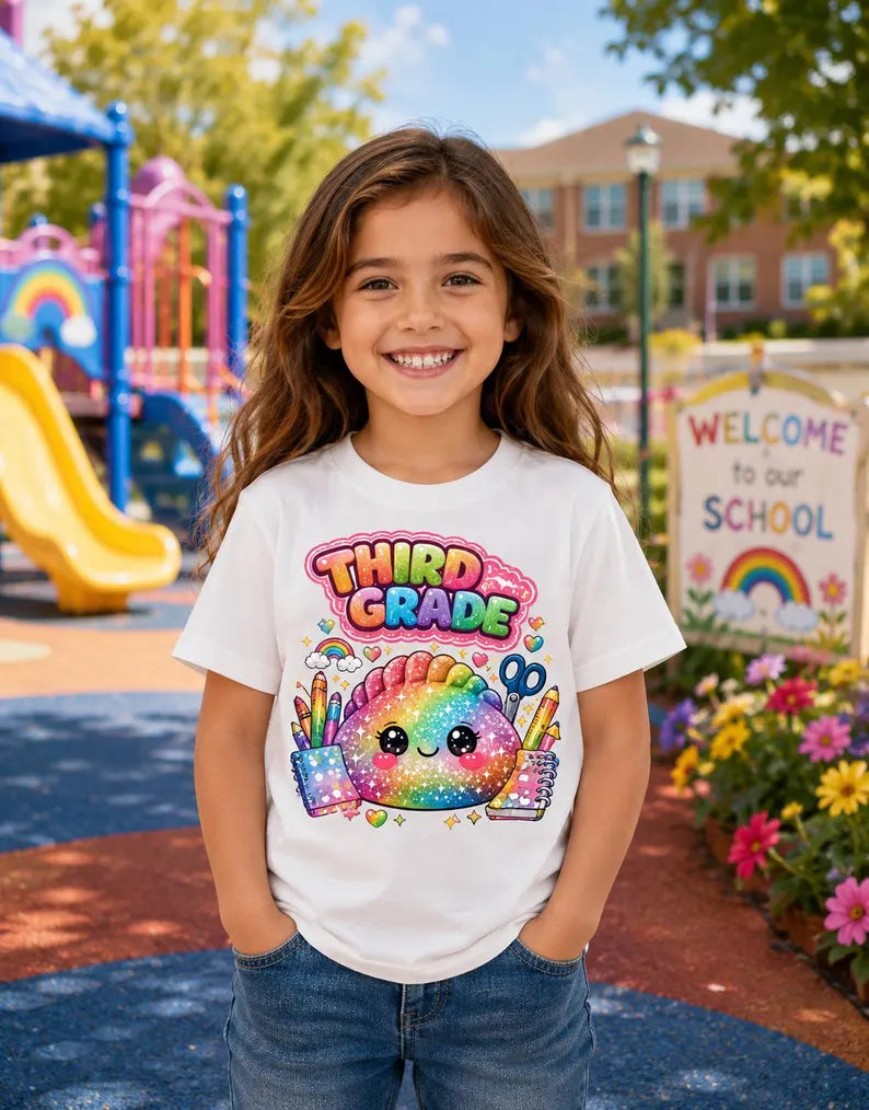 First Grade Shirt for Girls, Cute Kawaii Back to School T-Shirt, First Day of School Outfit, Rainbow School Supplies Tee, Kids Graphic Shirt