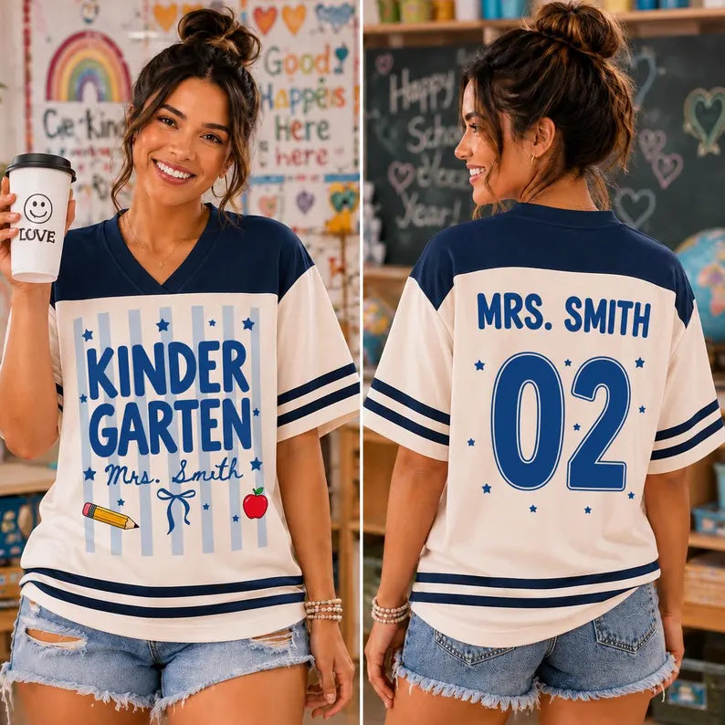 Personalized Kindergarten Teacher Jersey Shirt – Custom Teacher Name & Number, Back to School Football Style Teacher Gift