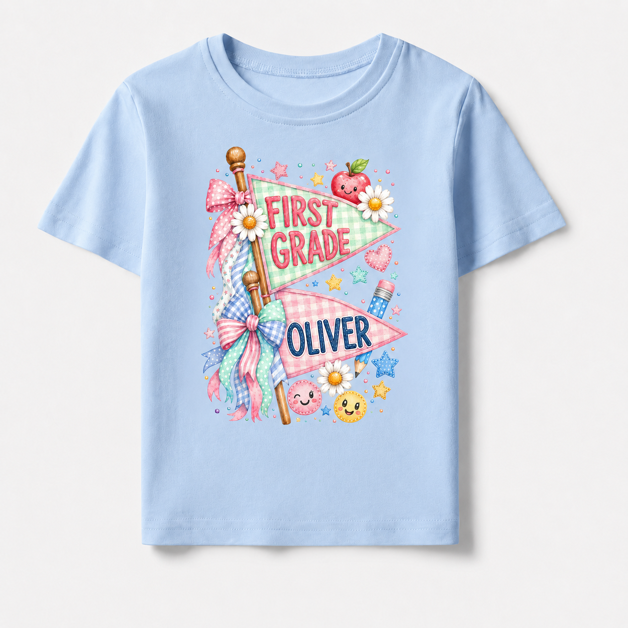 Cute Pennant Flag Student T-Shirt, Personalized Name and Grade Kids Tee, First Day of School Shirt