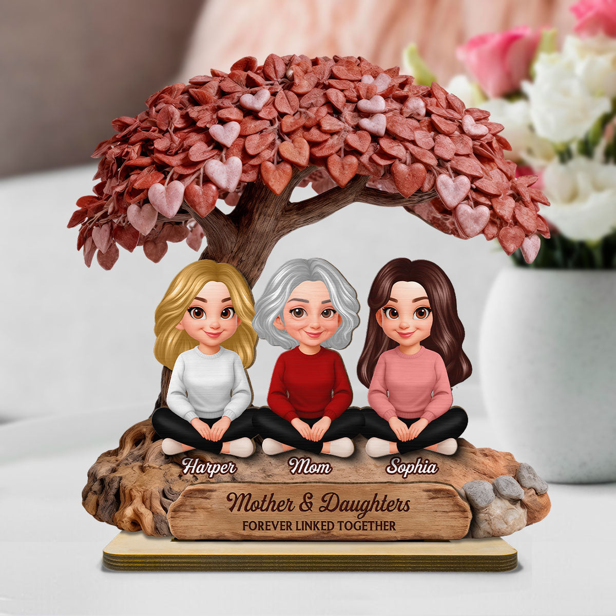 Mom And Daughter Son Under Heart Tree - Personalized 2-Layered Wooden Plaque - Mother's Day Gift For Mom