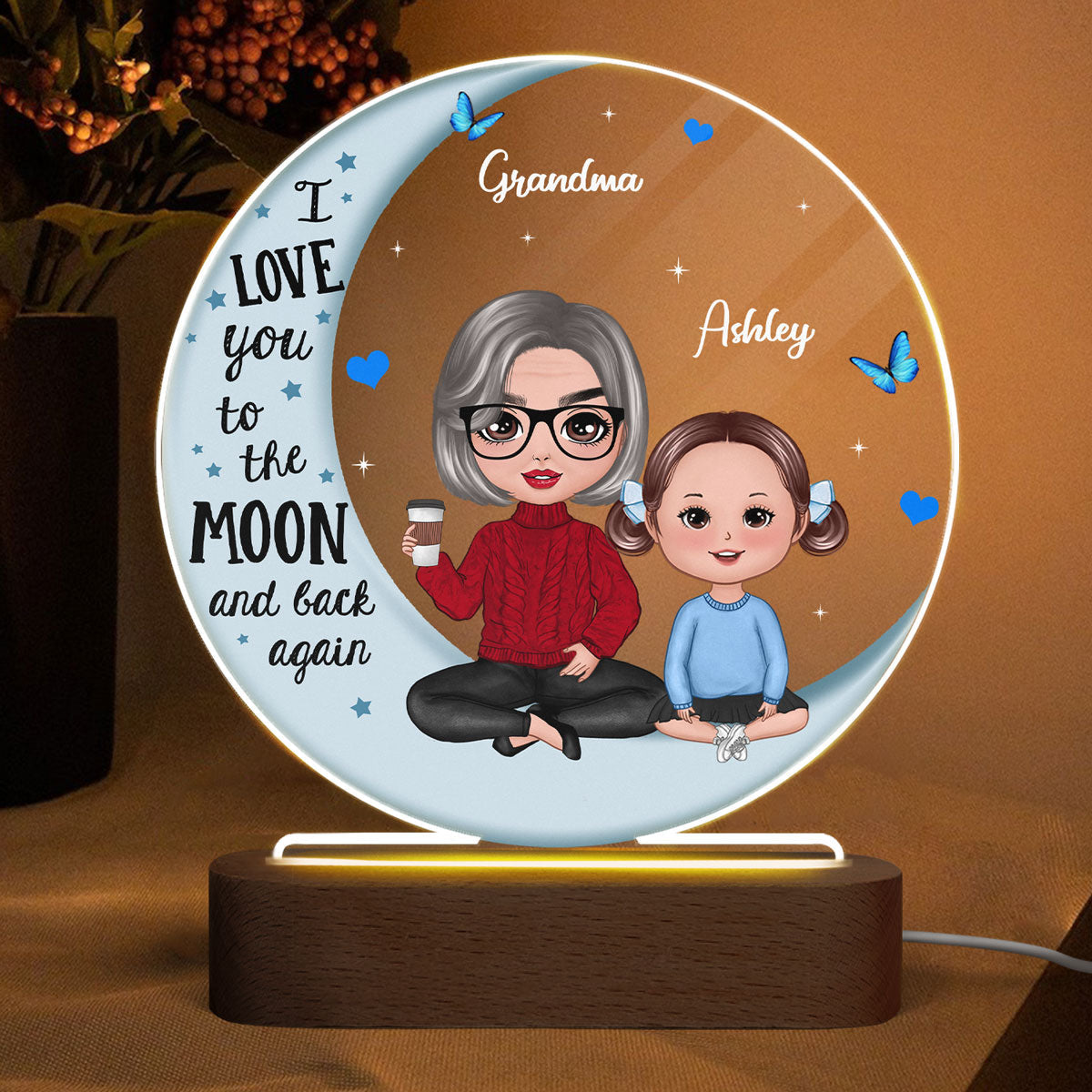 Doll Grandma Grandkids Blue Moon Personalized Circle LED Night Light Acrylic LED Lamp