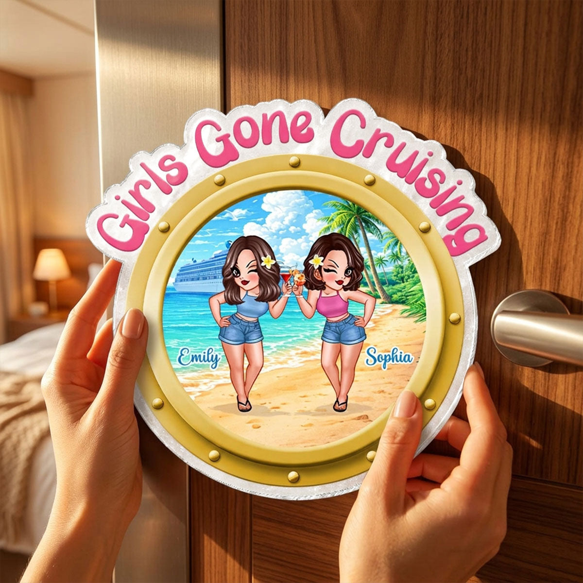 Cruise Besties Pretty Women On Beach Porthole - Personalized Cruise Ship Door Magnet - Girls Cruise Trip Keepsake