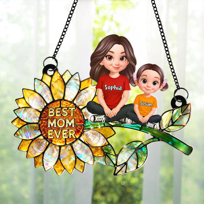 Sunflower Mom and Kids Sitting - Personalized Window Hanging Suncatcher - Mother's Day Gift for Mom, Wife