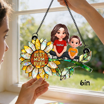 Sunflower Mom and Kids Sitting - Personalized Window Hanging Suncatcher - Mother's Day Gift for Mom, Wife