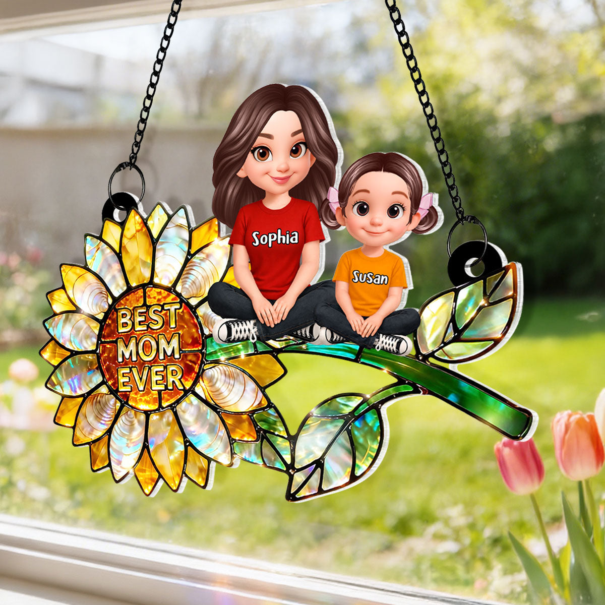 Sunflower Mom and Kids Sitting - Personalized Window Hanging Suncatcher - Mother's Day Gift for Mom, Wife