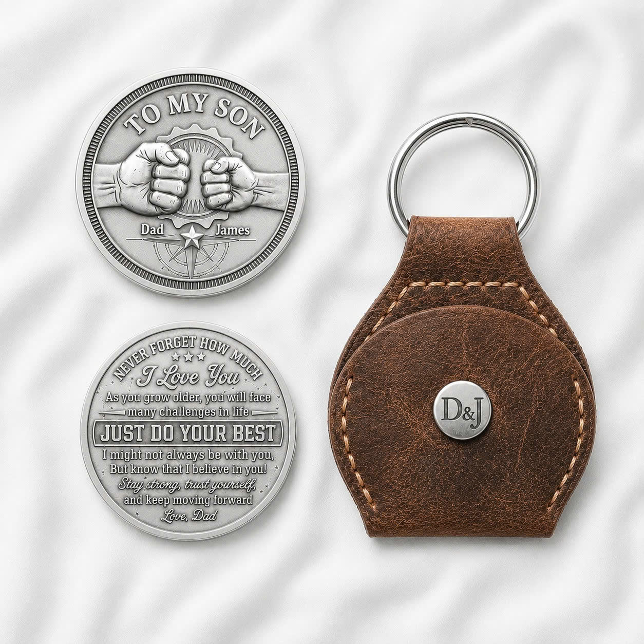 Personalized To My Son Coin Gift From Dad – Custom Engraved Pocket Coin Keychain