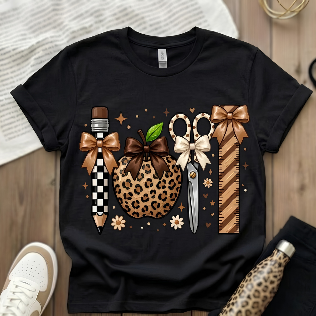 Cute Boho Teacher Shirt, Leopard Print Apple & School Supplies Graphic Tee, Fall Back to School Apparel
