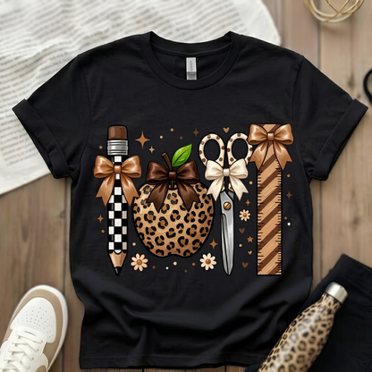 Cute Boho Teacher Shirt, Leopard Print Apple & School Supplies Graphic Tee, Fall Back to School Apparel