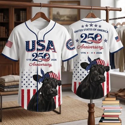 USA 250th Anniversary Patriotic Cow Baseball Jersey – 1776-2026 American Flag