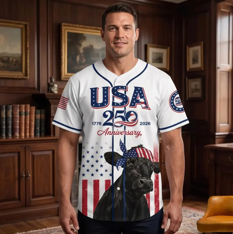 USA 250th Anniversary Patriotic Cow Baseball Jersey – 1776-2026 American Flag
