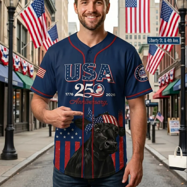 USA 250th Anniversary Patriotic Cow Baseball Jersey – 1776-2026 American Flag