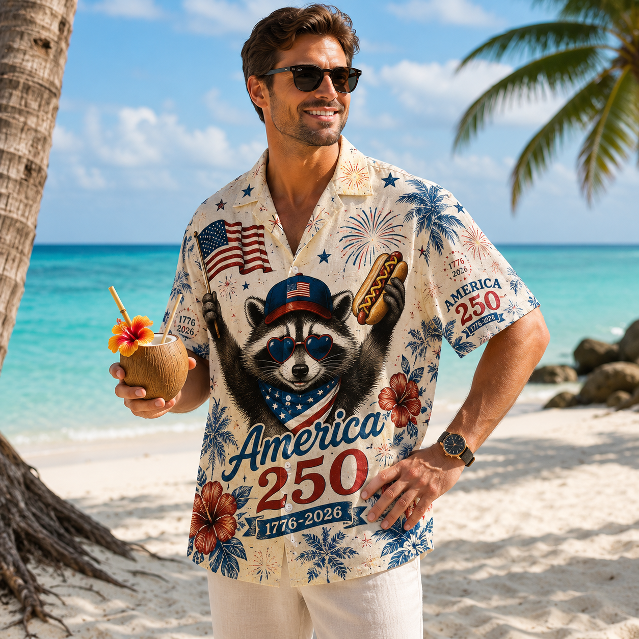 America 250 Patriotic Raccoon Hawaiian Shirt,  1776–2026 Anniversary Edition