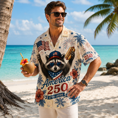 America 250 Patriotic Raccoon Hawaiian Shirt,  1776–2026 Anniversary Edition