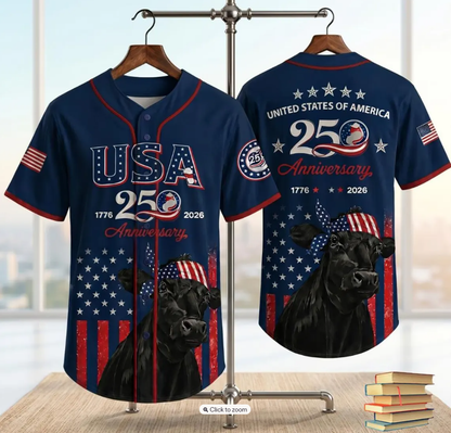 USA 250th Anniversary Patriotic Cow Baseball Jersey – 1776-2026 American Flag