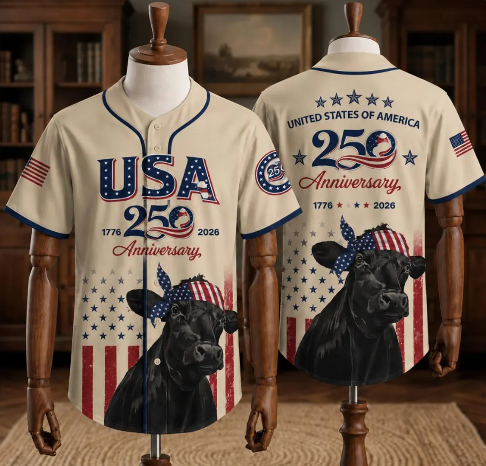 USA 250th Anniversary Patriotic Cow Baseball Jersey – 1776-2026 American Flag