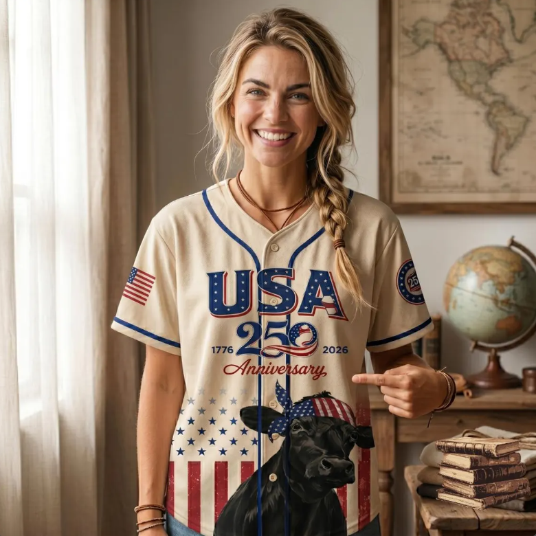 USA 250th Anniversary Patriotic Cow Baseball Jersey – 1776-2026 American Flag