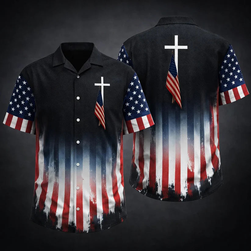 Christian USA Flag Hawaiian Shirt Cross Patriotic American Faith Shirt