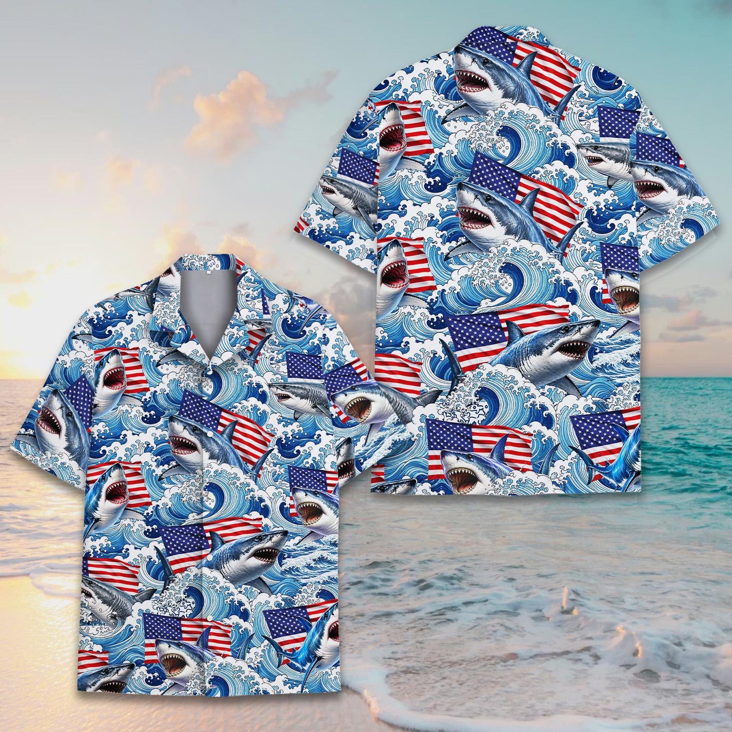 American Flag Shark Hawaiian Shirt