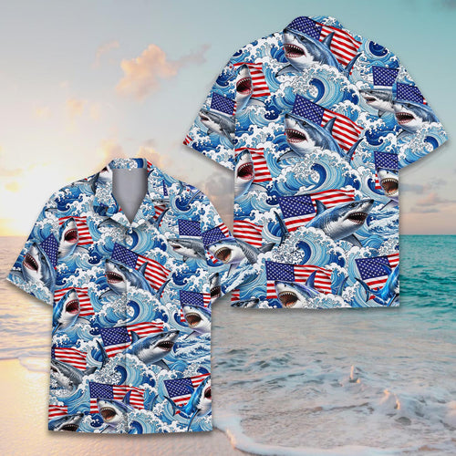 American Flag Shark Hawaiian Shirt