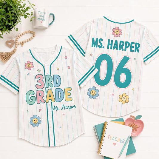 Custom Grade Level First Day of School Teacher Gift Jersey Baseball