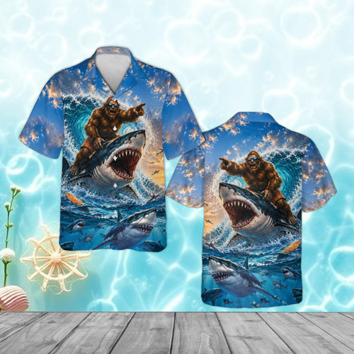 Bigfoot Riding Shark Hawaiian Shirt