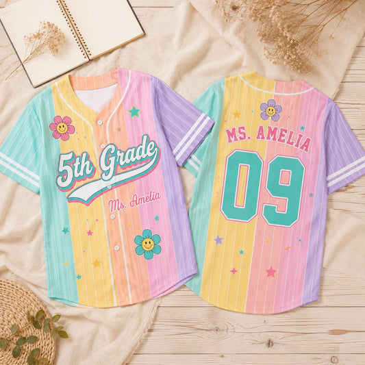 Custom Teacher Pinstripe Shirt Pastel Rainbow Baseball Jersey