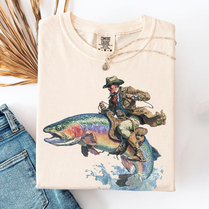 Cowboy Riding Rainbow Trout Fishing T-Shirt