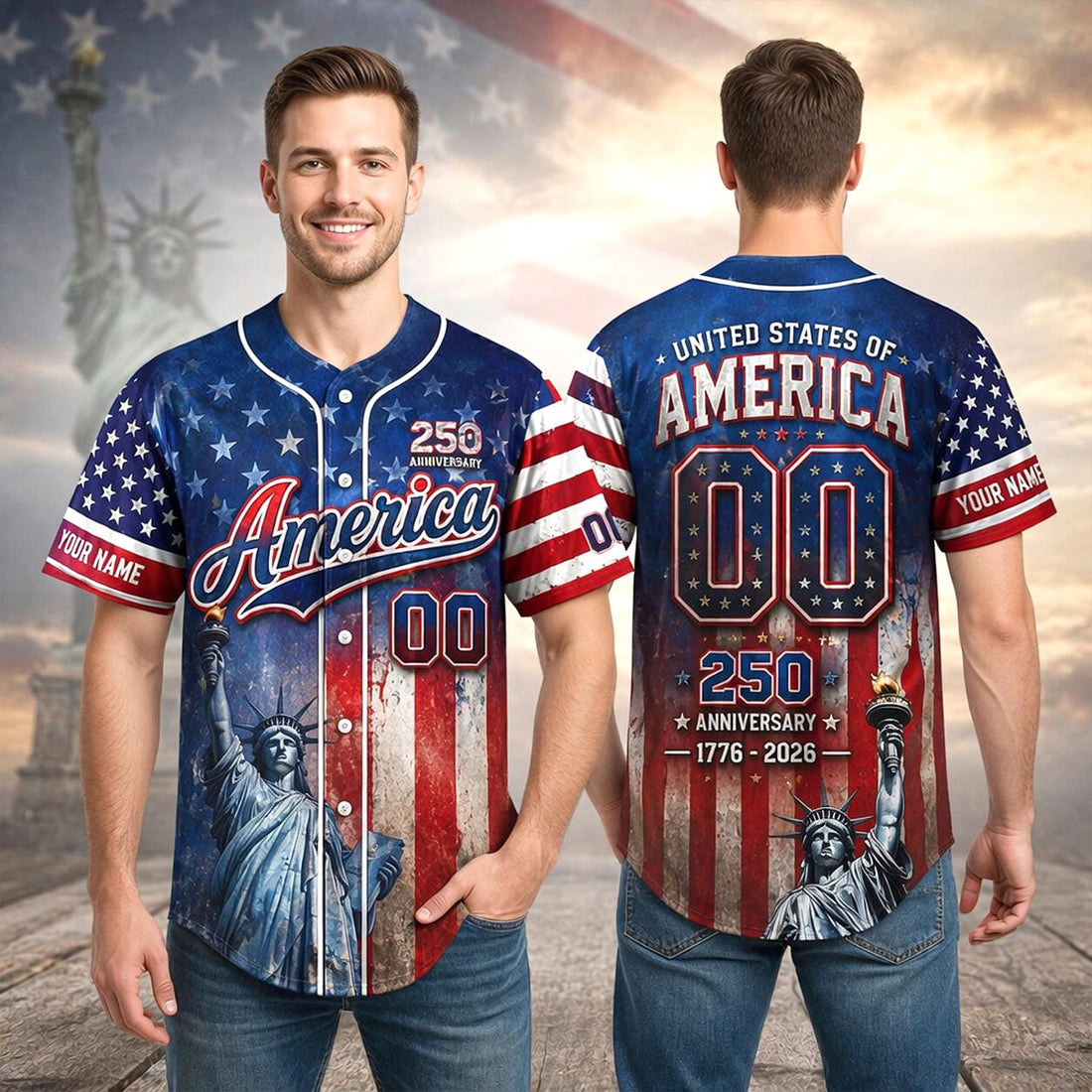 Personalized America Patriotic 250th Anniversary Baseball Jersey Shirt
