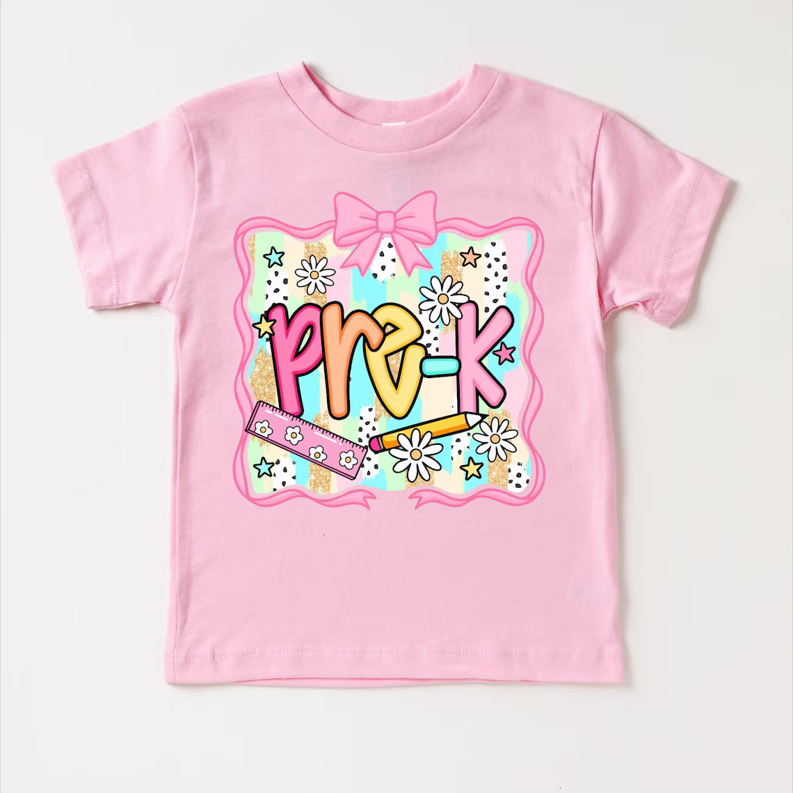 Personalized Kindergarten Girl Shirt, Custom Name School Bow T Shirt