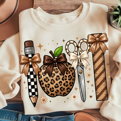 Cute Boho Teacher Shirt, Leopard Print Apple & School Supplies Graphic Tee, Fall Back to School Apparel