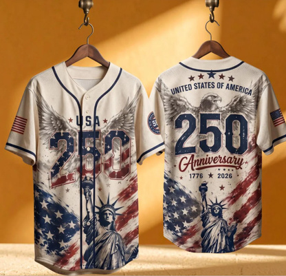 USA 250th Anniversary Patriotic Baseball Jersey - Statue of Liberty & Eagle 1776-2026