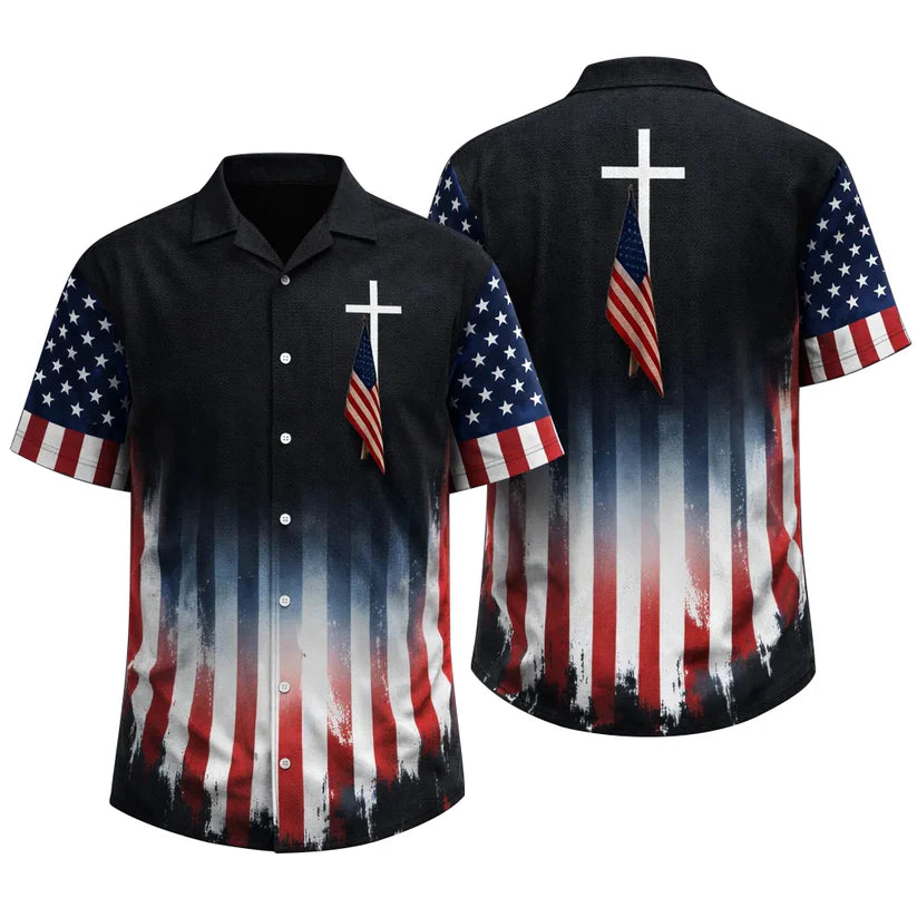 Christian USA Flag Hawaiian Shirt Cross Patriotic American Faith Shirt