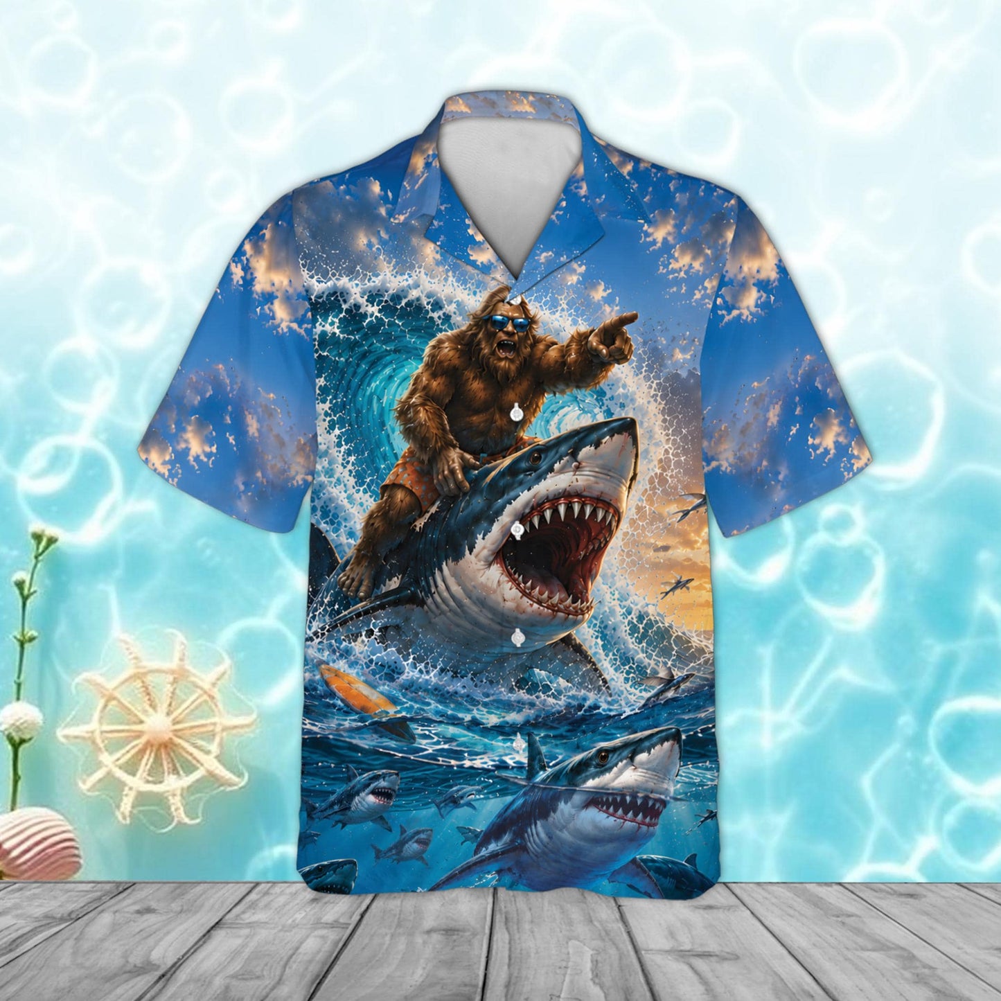 Bigfoot Riding Shark Hawaiian Shirt