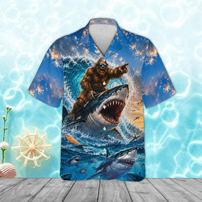 Bigfoot Riding Shark Hawaiian Shirt