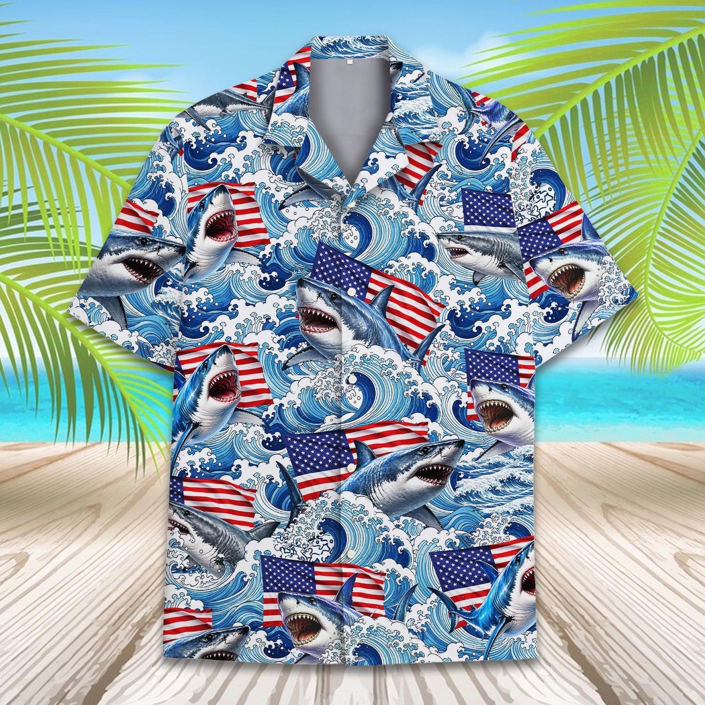American Flag Shark Hawaiian Shirt