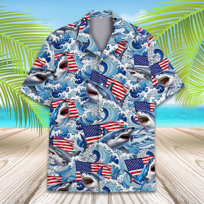 American Flag Shark Hawaiian Shirt