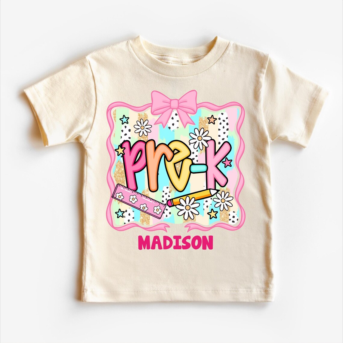 Personalized Kindergarten Girl Shirt, Custom Name School Bow T Shirt