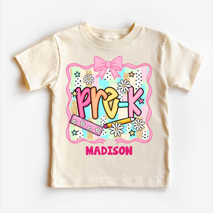 Personalized Kindergarten Girl Shirt, Custom Name School Bow T Shirt