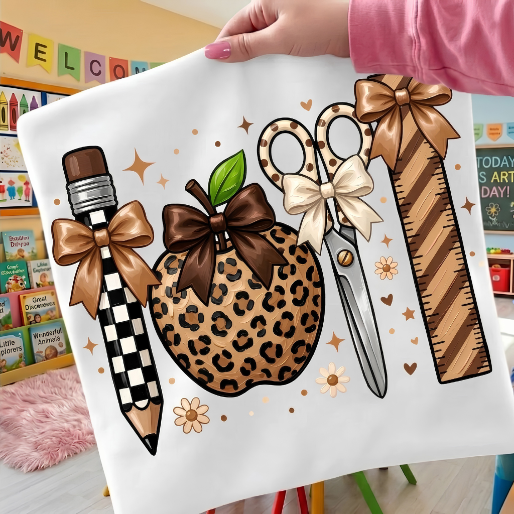 Cute Boho Teacher Shirt, Leopard Print Apple & School Supplies Graphic Tee, Fall Back to School Apparel