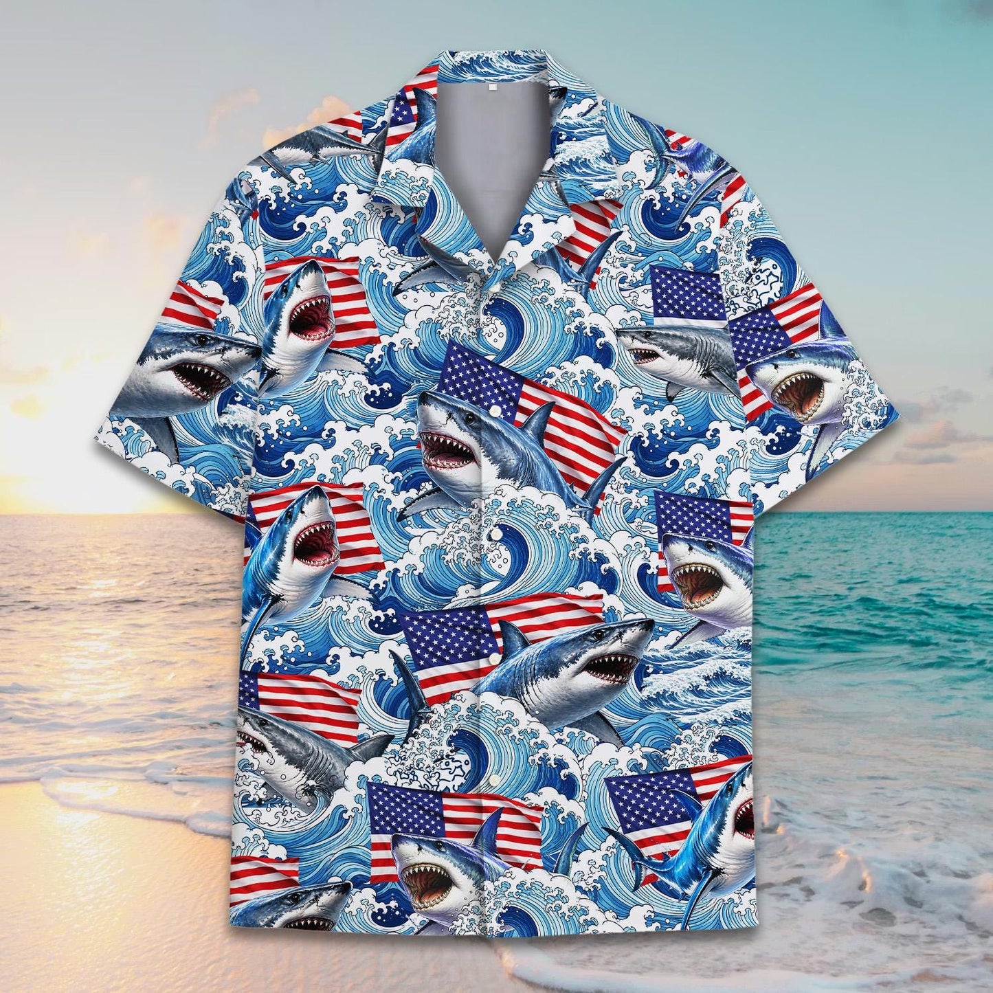 American Flag Shark Hawaiian Shirt