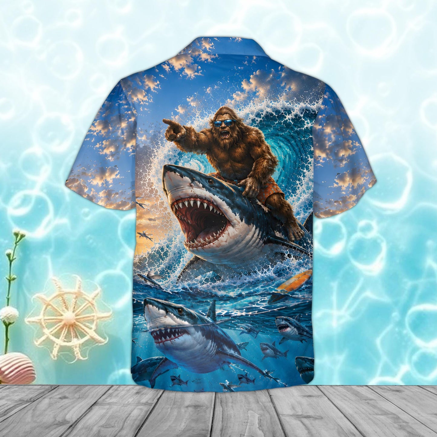 Bigfoot Riding Shark Hawaiian Shirt