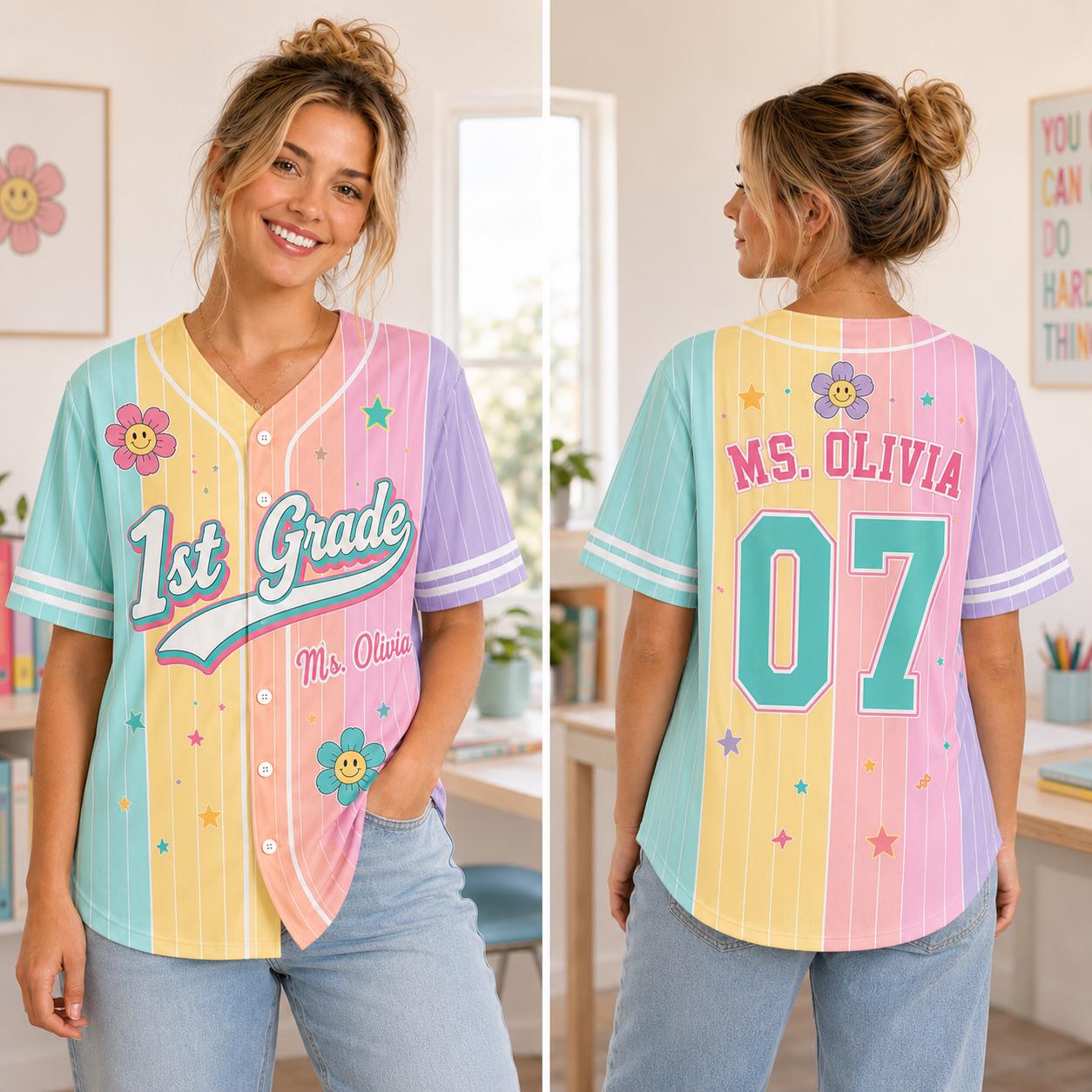 Custom Teacher Pinstripe Shirt Pastel Rainbow Baseball Jersey