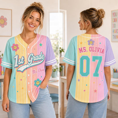 Custom Teacher Pinstripe Shirt Pastel Rainbow Baseball Jersey