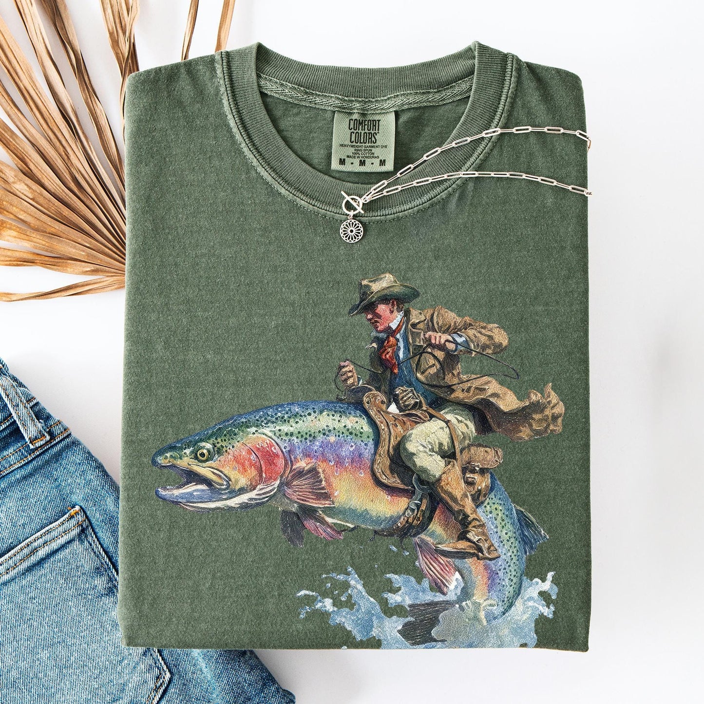 Cowboy Riding Rainbow Trout Fishing T-Shirt