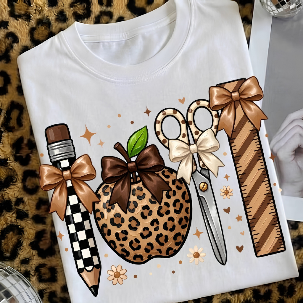 Cute Boho Teacher Shirt, Leopard Print Apple & School Supplies Graphic Tee, Fall Back to School Apparel