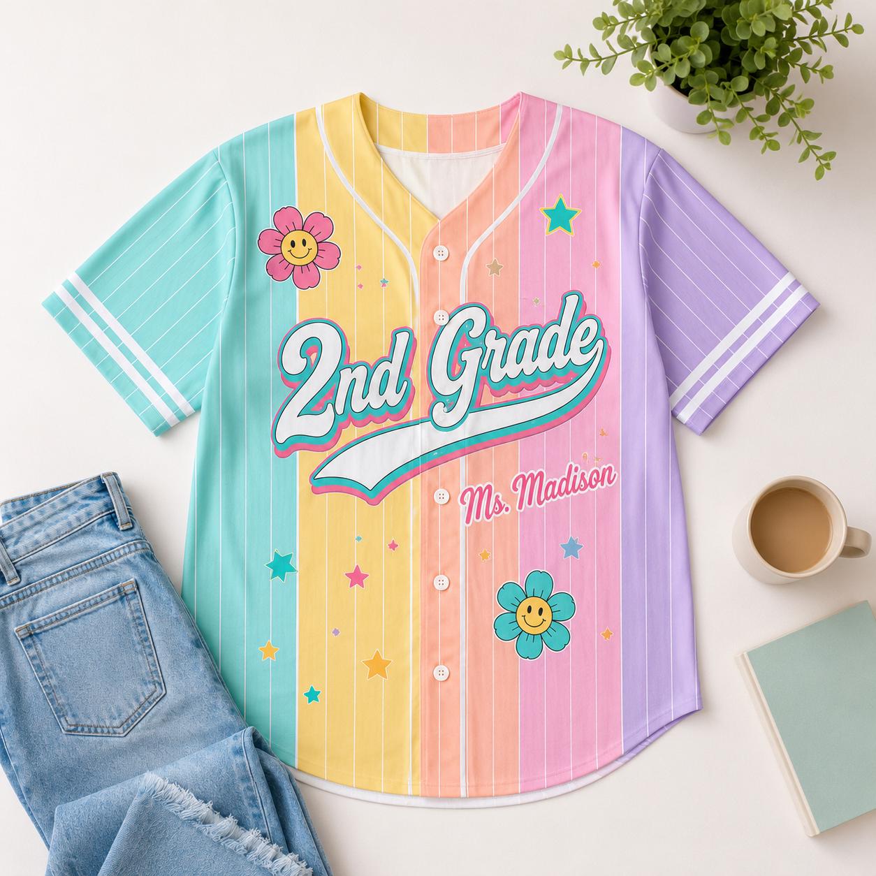 Custom Teacher Pinstripe Shirt Pastel Rainbow Baseball Jersey