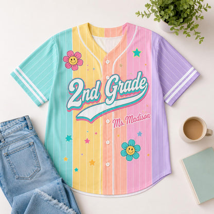 Custom Teacher Pinstripe Shirt Pastel Rainbow Baseball Jersey
