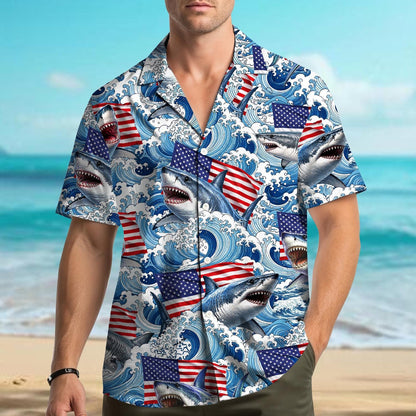 American Flag Shark Hawaiian Shirt